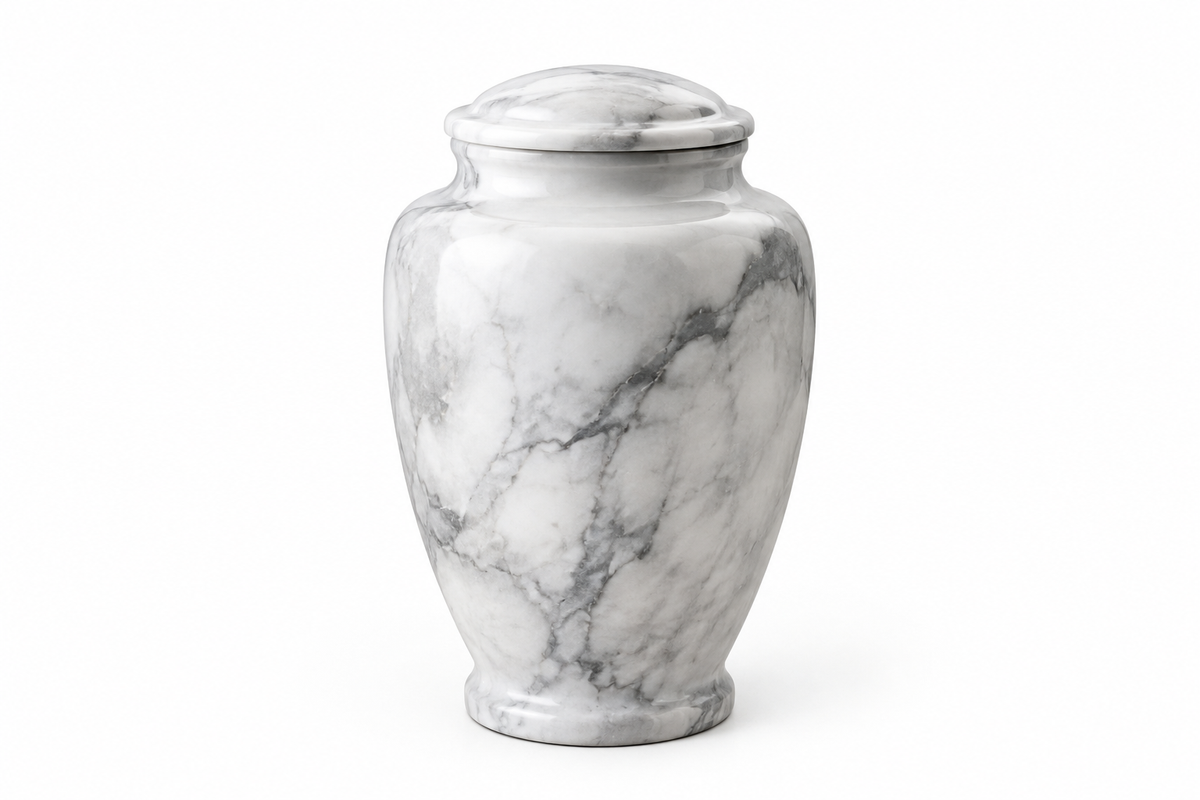 Elegant marble cremation urn with grey and white marble pattern
